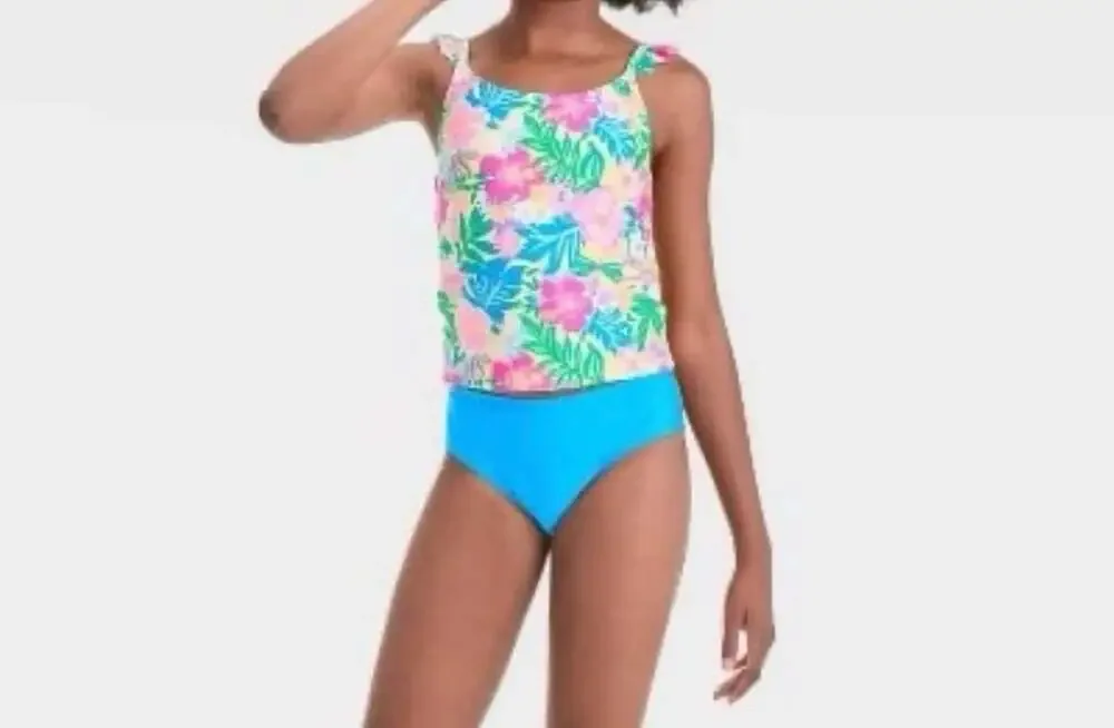 Cat & Jack Girls' Tankini Swimsuit Set, Tropical Floral Print - Picture 1 of 4